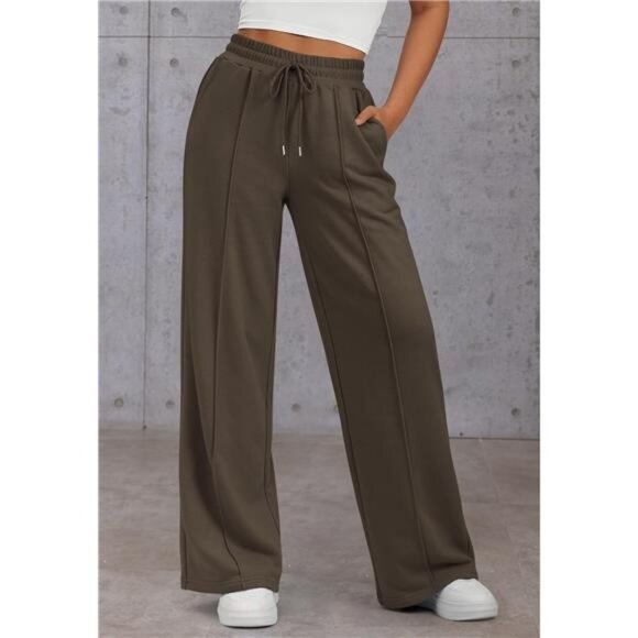 Womens Wide Leg Sweatpants High Waisted Coffee - Picture 3 of 6